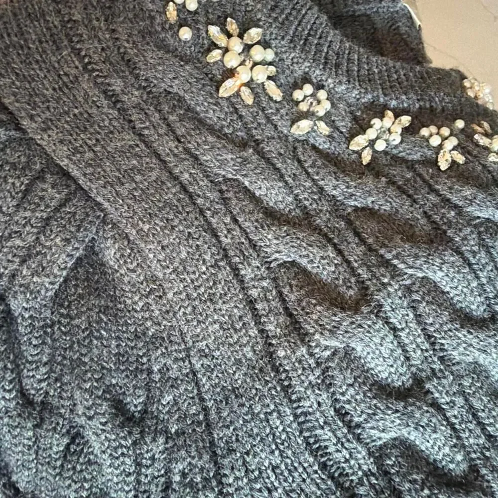 LoveShackFancy Charcoal Grey 100% Merino Wool Pearl Embellished Cardigan
